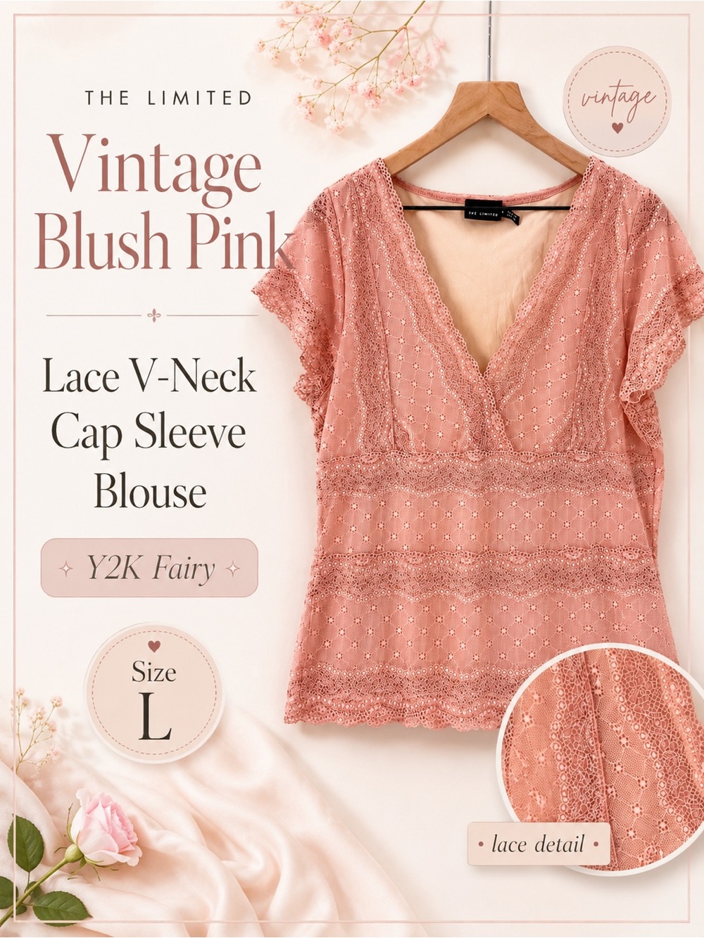 The Limited VINTAGE Blush Pink Lace V-Neck Cap Sleeve Blouse Y2K Fairy Size L‎